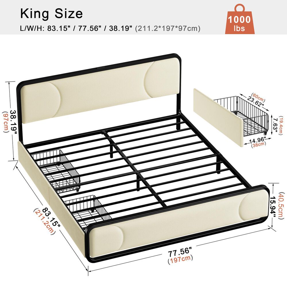 HOMLUX King Upholstered Platform Bed Frame in Beige, , large