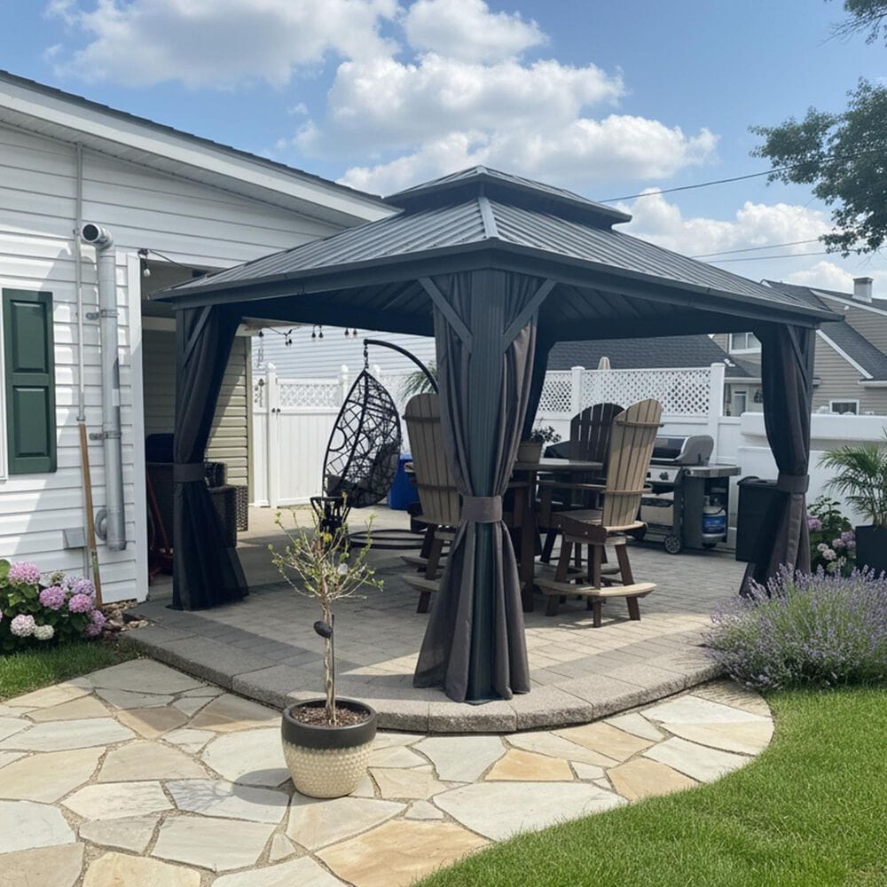 HOMLUX 10' x 12' Outdoor Hardtop Gazebo with Galvanized Steel Roof, Netting, and Curtains Gray, , large