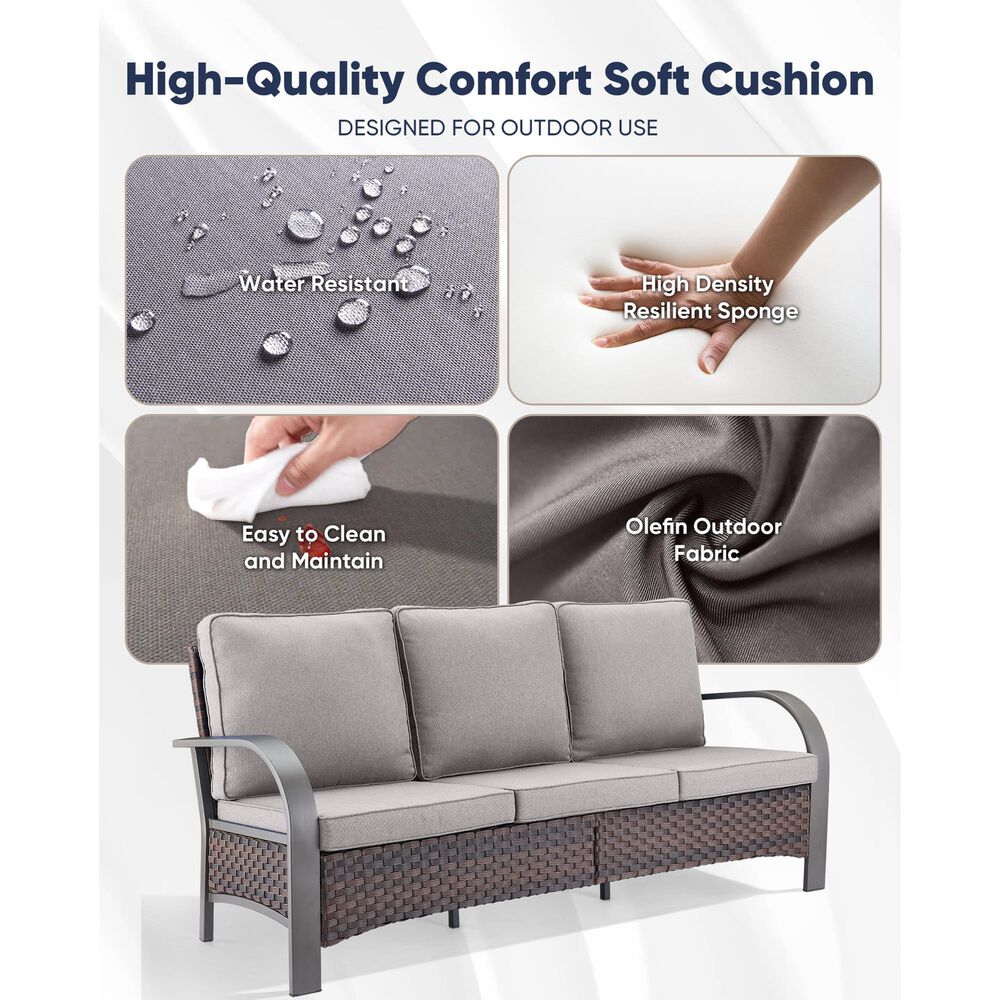 Sunwell Garden 3-Seater Patio Sofa with Curved Armrests in Gray, , large