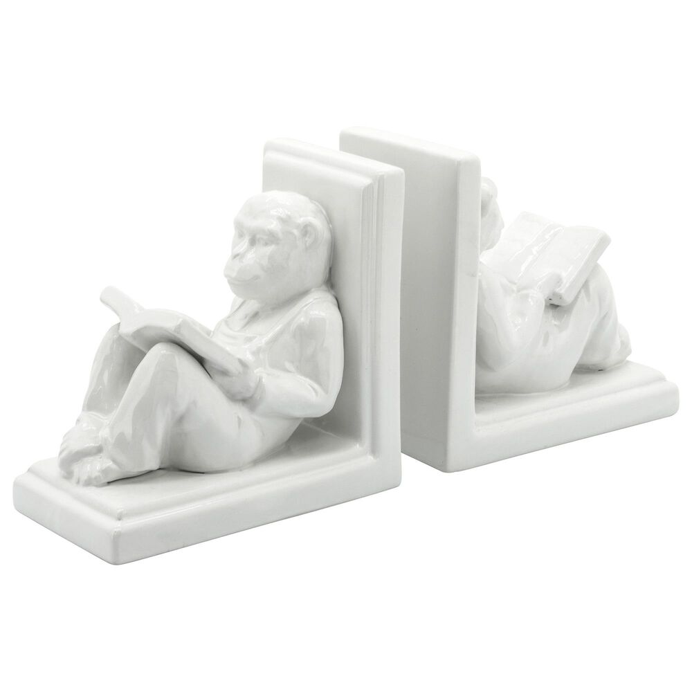 Sagebrook Home 7" Reading Monkey Bookend in White (Set of 2), , large