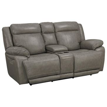 Bassett Evo Leather Recliner Console Loveseat with Power Headrest in Pewter, , large