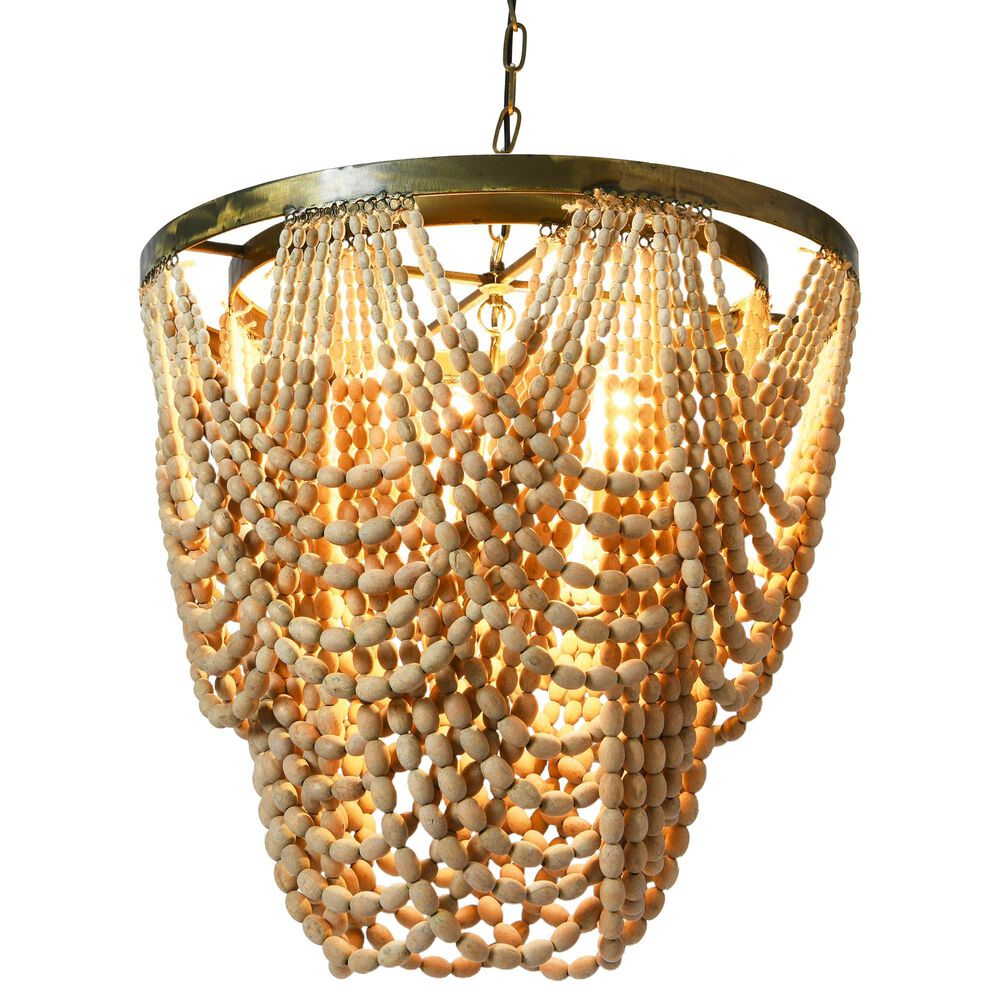 Creative Coop Laurel 2-Tier Draped Wood Bead Chandelier with Whitewashed Shade, , large