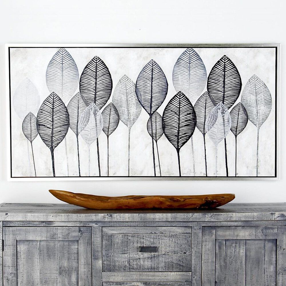 Maple and Jade 27" x 55" Leaf Canvas Wall Art with Frame in Black, Gray, Silver, Brown and Green, , large