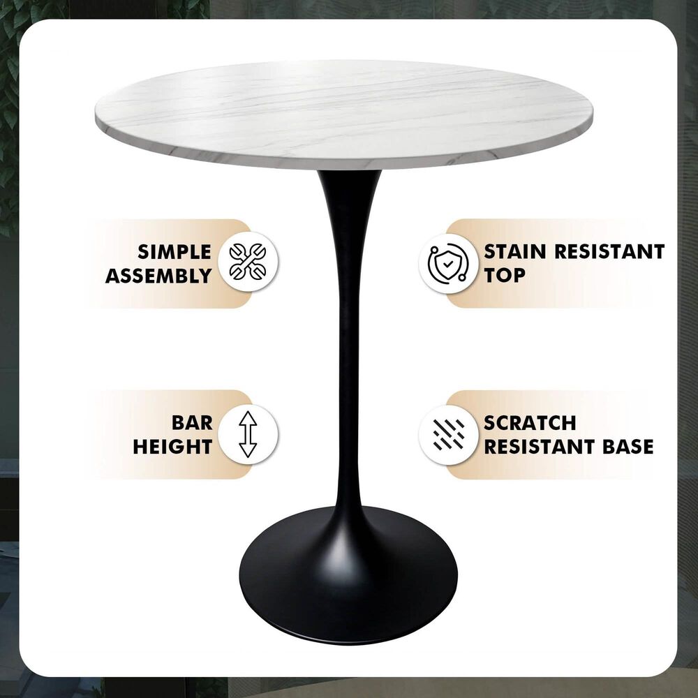 Leisuremod LeisureMod Verve Collection Modern Bar Height Table Black Base with 27 Round Marble White Sintered Stone Top, , large