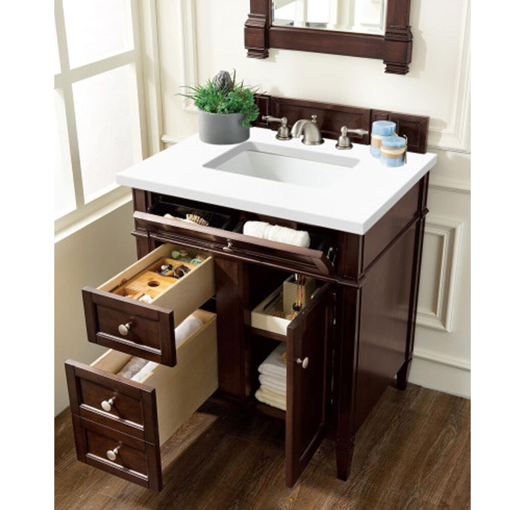 James Martin Vanities Brittany 30" Single Bathroom Vanity in Burnished Mahogany with 3 cm White Zeus Quartz Top and Rectangular Sink, , large