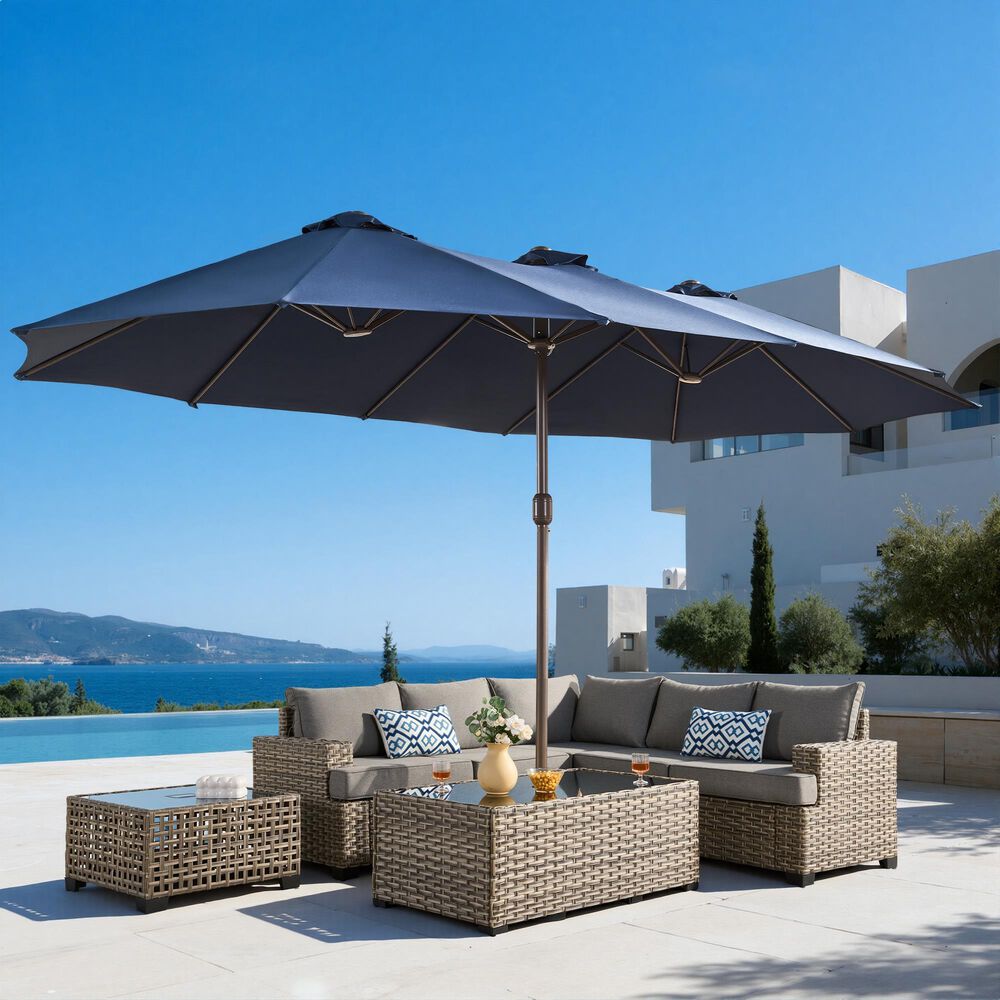 HOMLUX 2-Piece 14.5 ft Patio Umbrella with All-weather Rattan Rectangular Coffee Table Outdoor Set in Dark Blue, , large