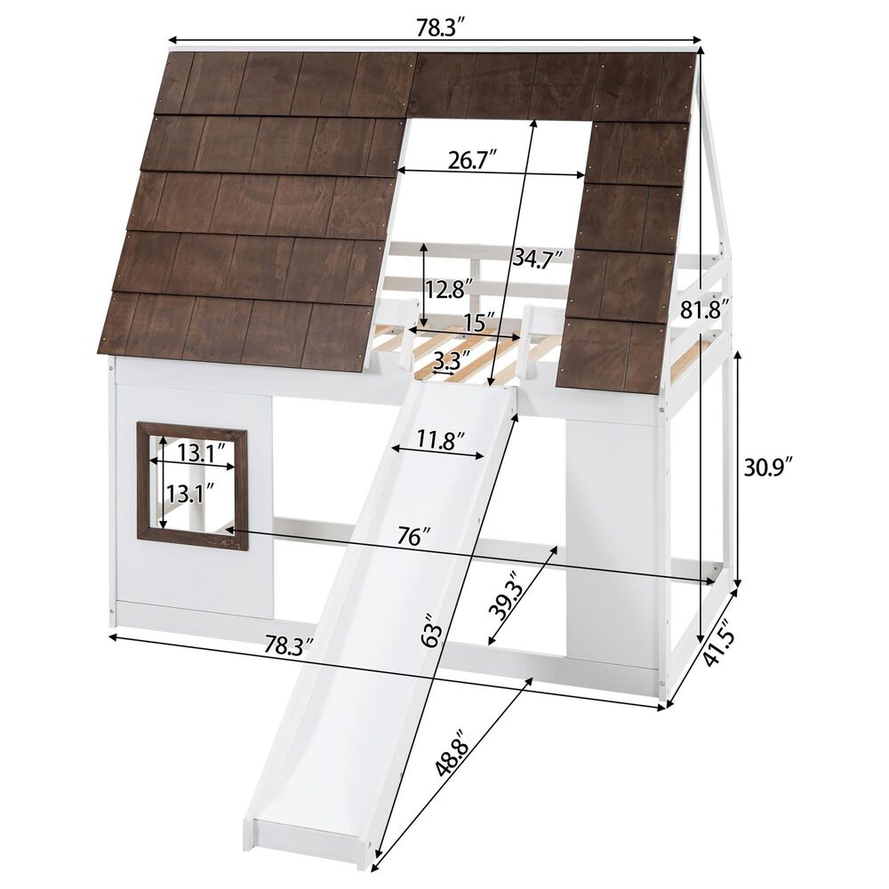 Hearth and Haven Twin over Twin House Bunk Bed with Roof in White and Brown, , large