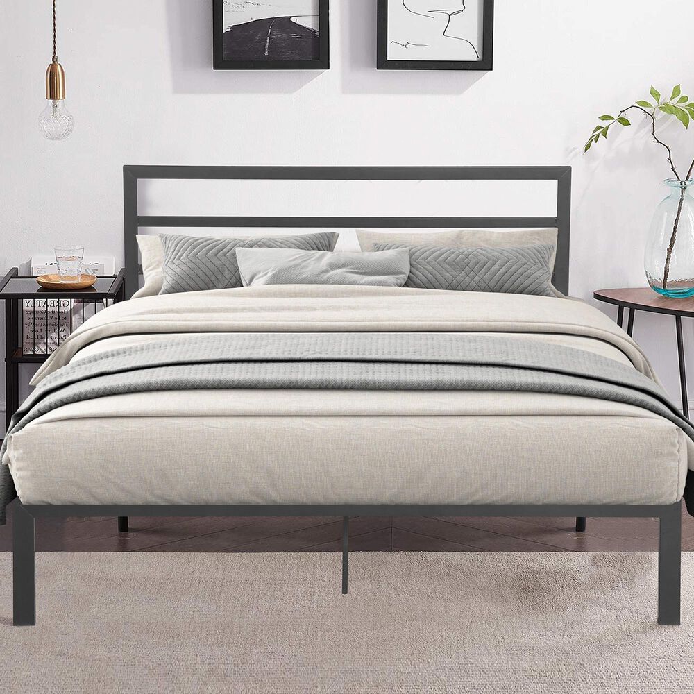 Hearth and Haven Queen Metal Platform Bed with Headboard in Charcoal Gray, , large