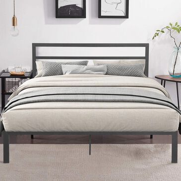 Hearth and Haven Queen Metal Platform Bed with Headboard in Charcoal Gray, , large