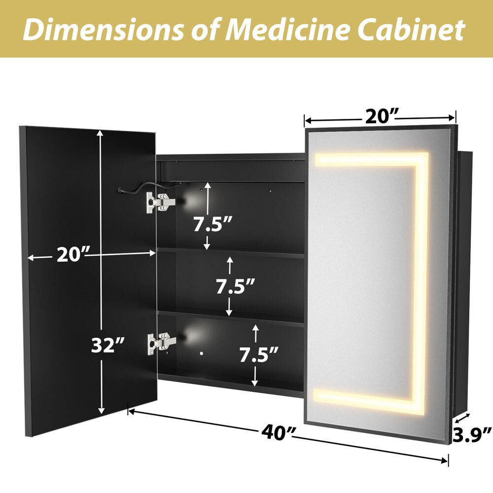 HOMLUX 40" x 32" Bathroom Medicine Cabinet with Mirror in Black, , large