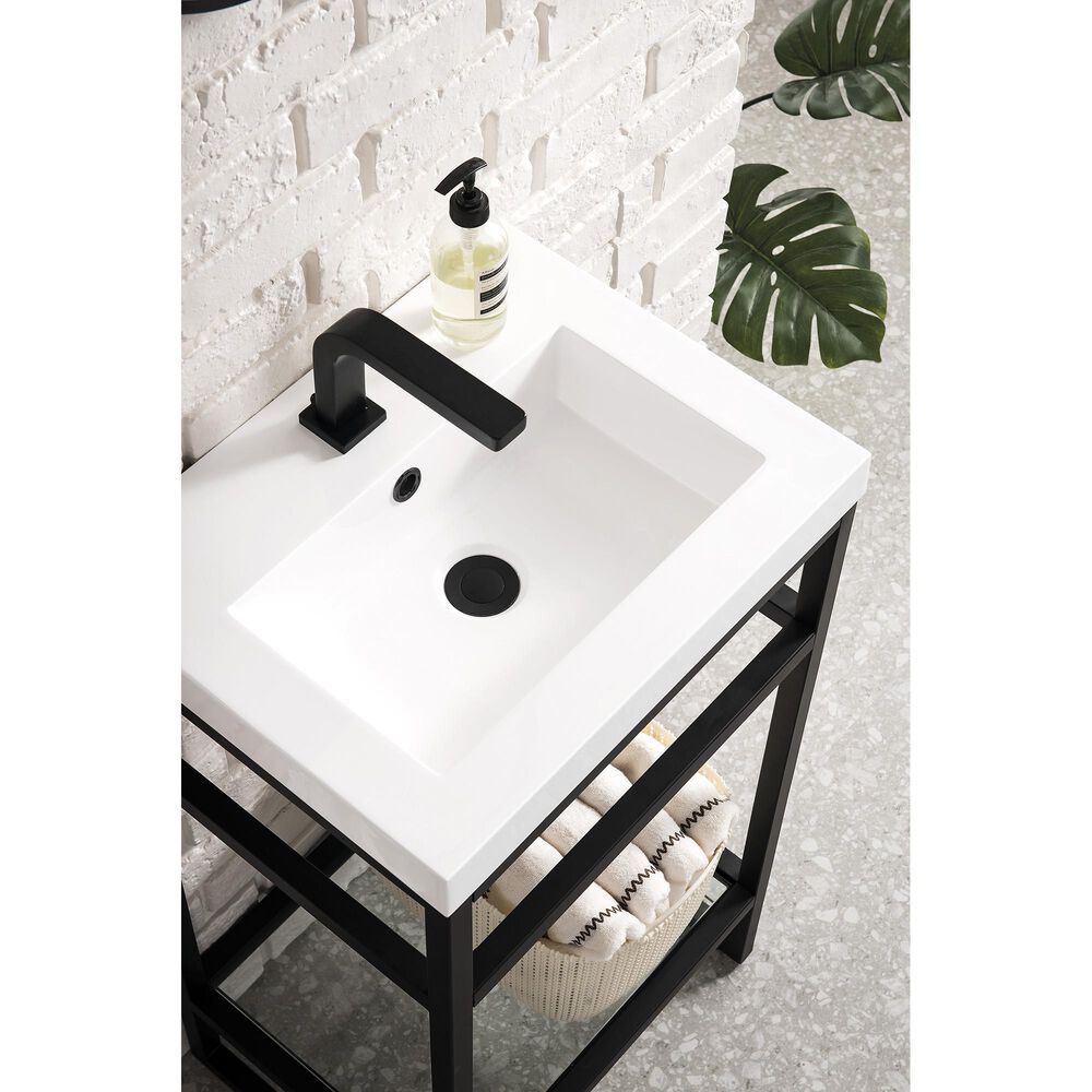 James Martin Vanities Boston 20&quot; Single Bathroom Vanity in Matte Black with 3 cm White Glossy Resin Countertop and Rectangular Sink, , large