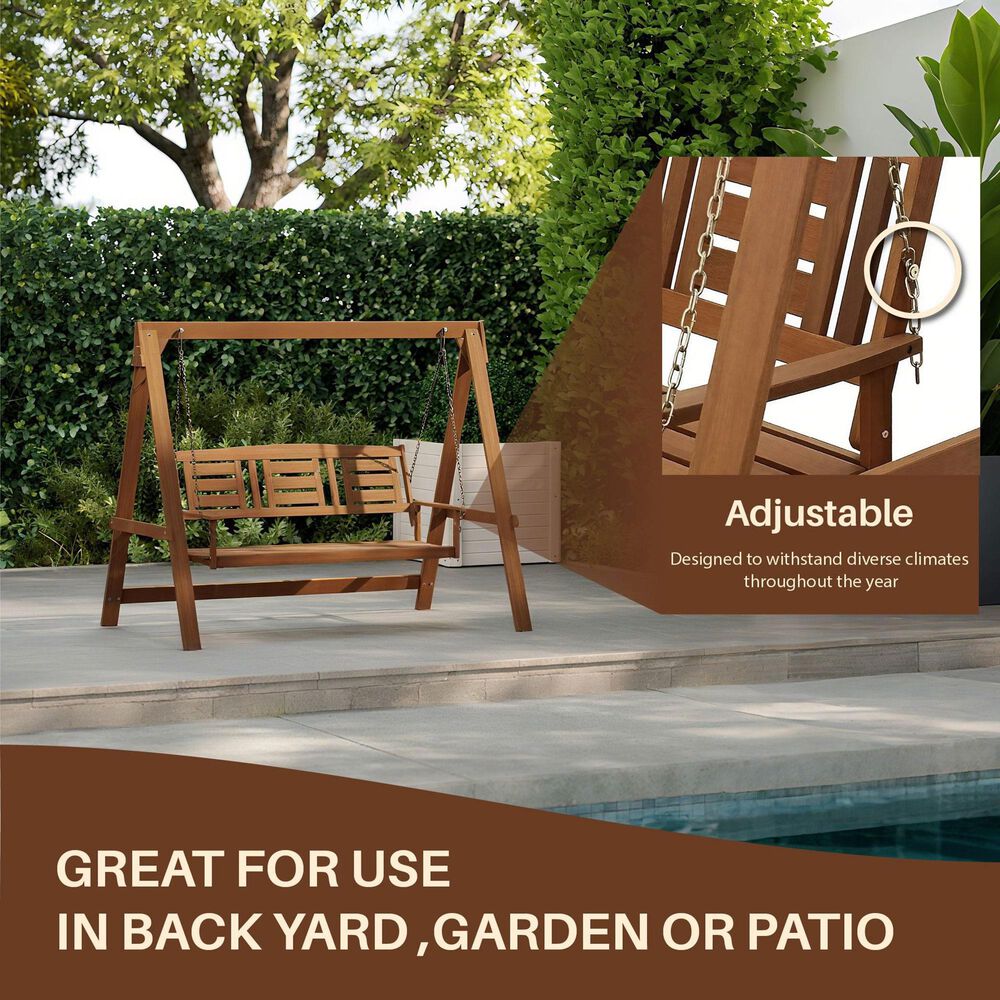 HOMLUX 3-Person Large Outdoor Porch Swing with Hanging Frame for Garden, Backyard in Teak Oil, , large