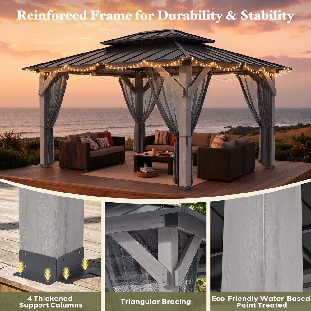 HOMLUX 12' x 14' Patio Hardtop Gazebo with Wood Posts in Light Gray, , large