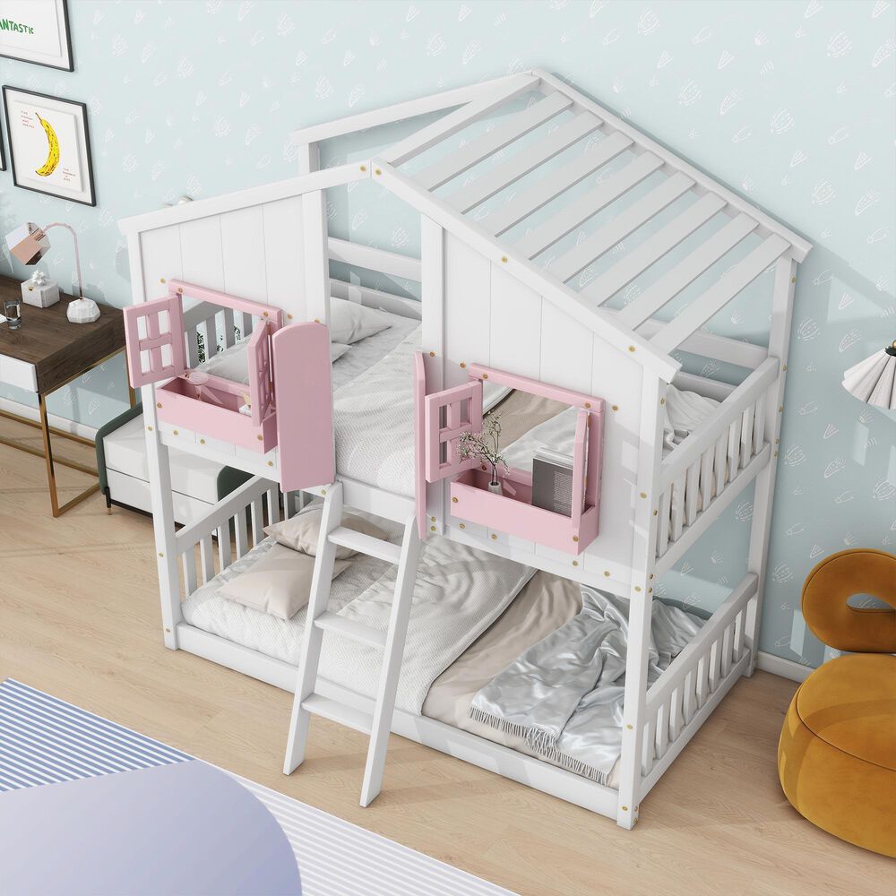 Hearth and Haven Twin over Twin House Bunk Bed with Roof in Pink and White, , large