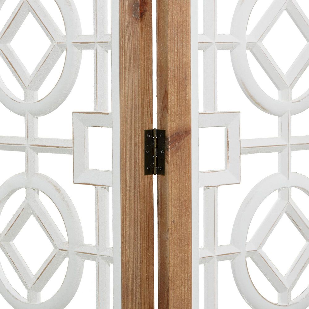 Maple and Jade 3-Panel Partition Room Divider Screen with Carved Designs in Matte White and Brown, , large