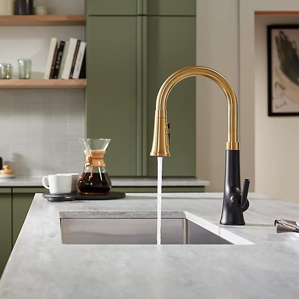 Kohler Tone Pull-Down Kitchen Sink Faucet in Matte Black and Brushed Moderne Brass, , large