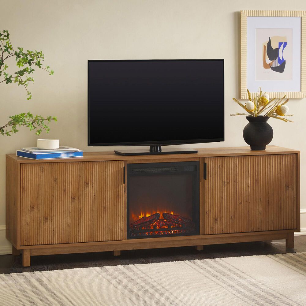 Walker Edison Arundo 70&quot; TV Stand with Freestanding Electric Fireplace in English Oak, , large