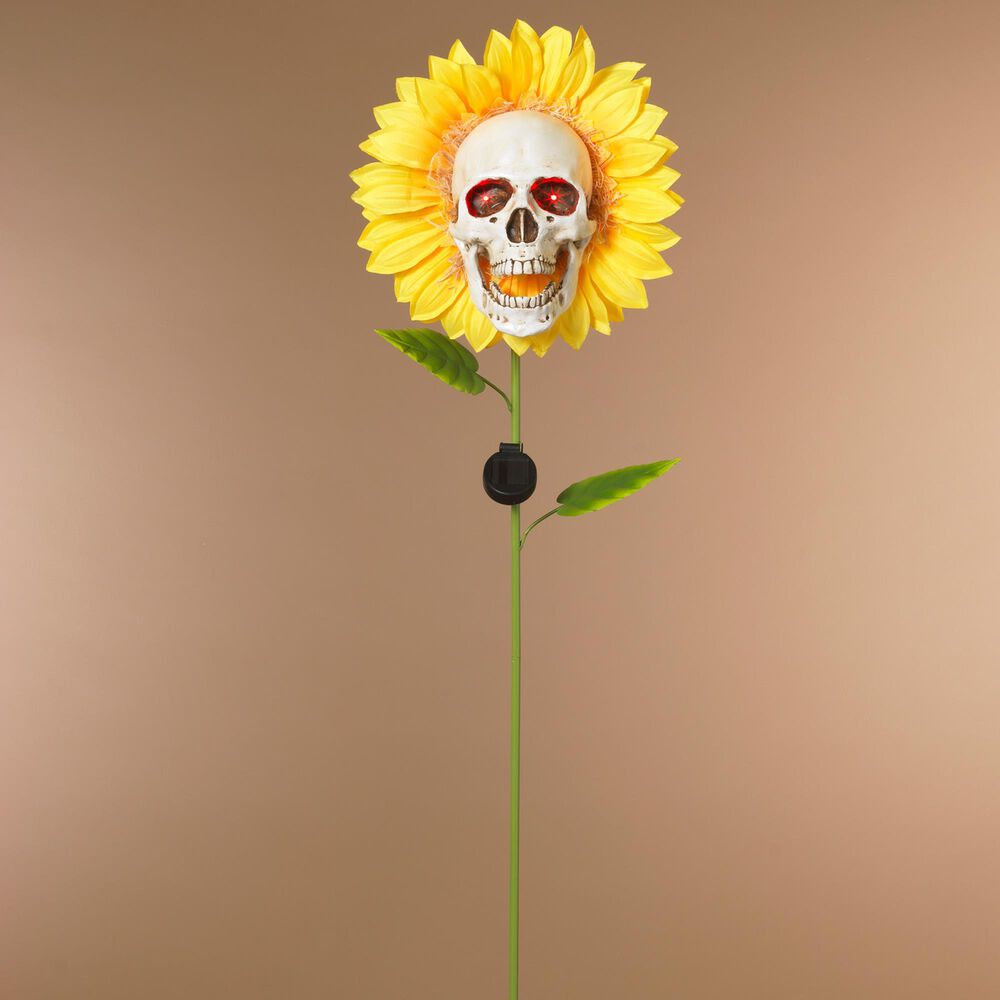 The Gerson Company Solar Lighted Halloween Sunflower with Skull Yard Stake in Assort, , large