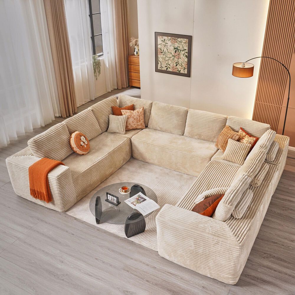 HOMLUX Modular Floor Sofa with Plush Corduroy, U-Shaped Sectional Couch with Chaise in Beige, , large