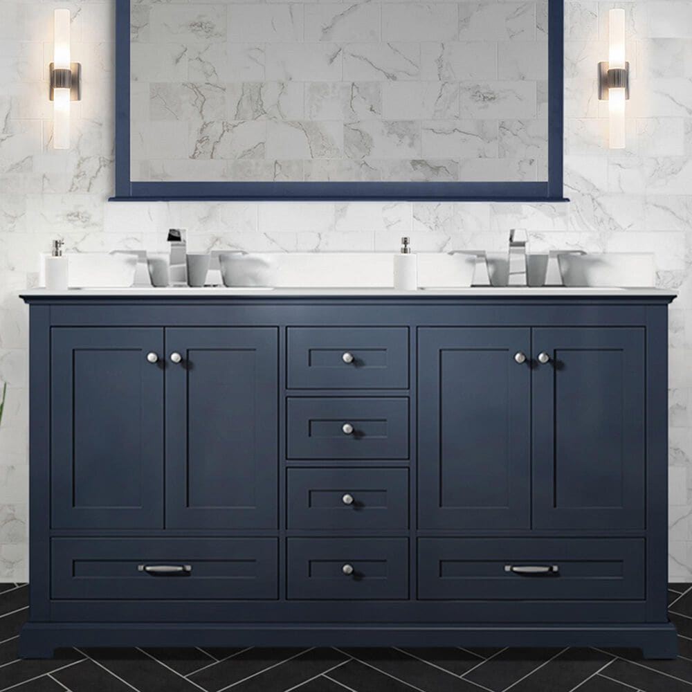 Lexora Home Dukes 60&quot; Double Bathroom Vanity in Navy Blue with 2 cm White Cultured Marble Top and Rectangular Sinks, , large