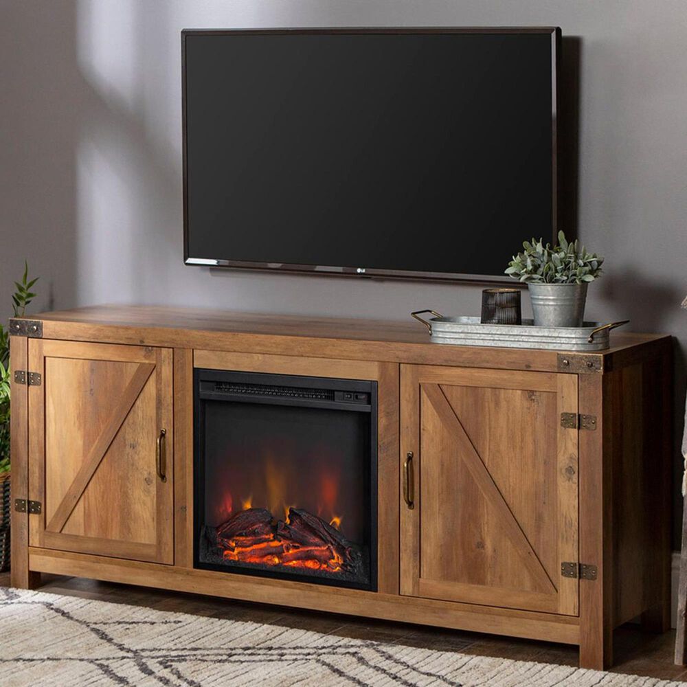 Walker Edison 58&quot; Barn Door Fireplace Console in Rustic Oak, , large
