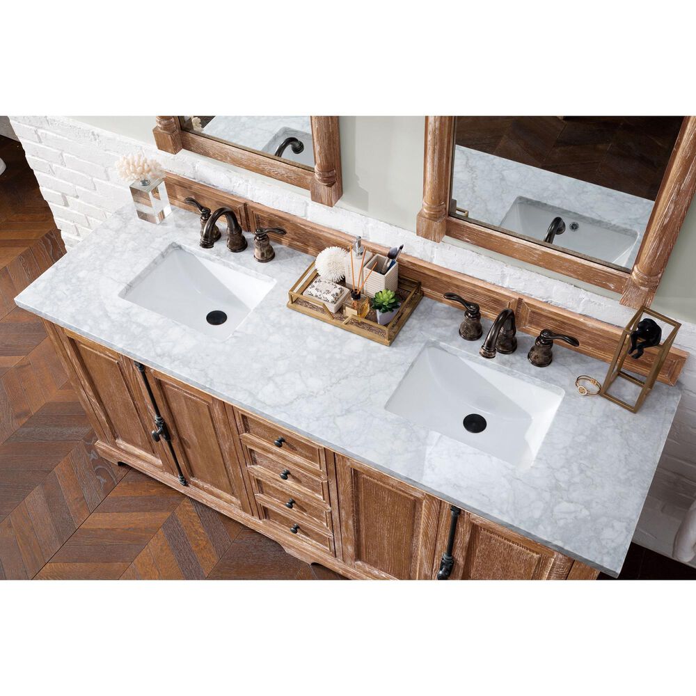 James Martin Vanities Providence 72&quot; Double Bathroom Vanity in Driftwood with 3 cm Carrara White Marble Top and Rectangular Sinks, , large