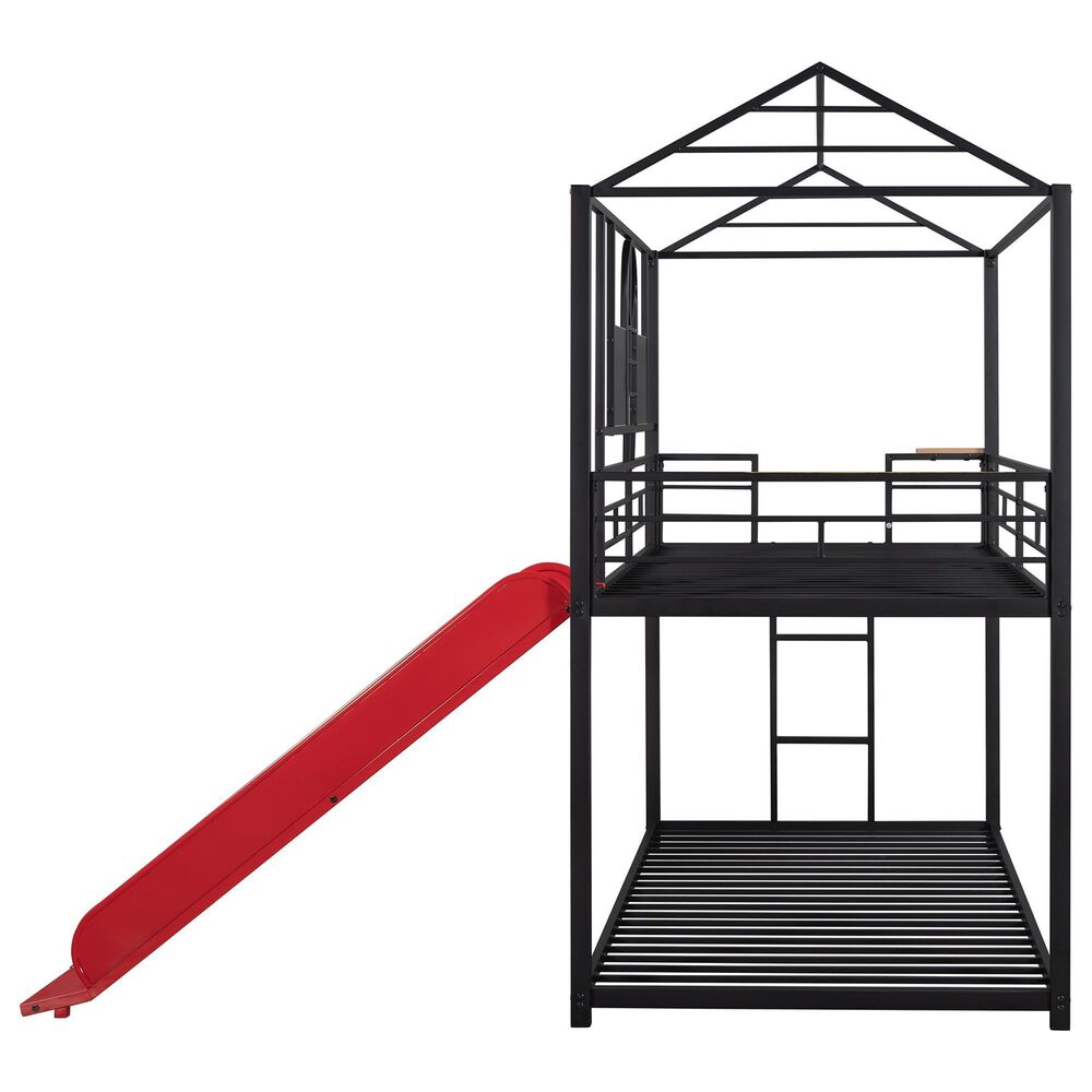 Hearth and Haven Twin over Twin House Bunk Bed with Built-in Slide in Black and Red, , large