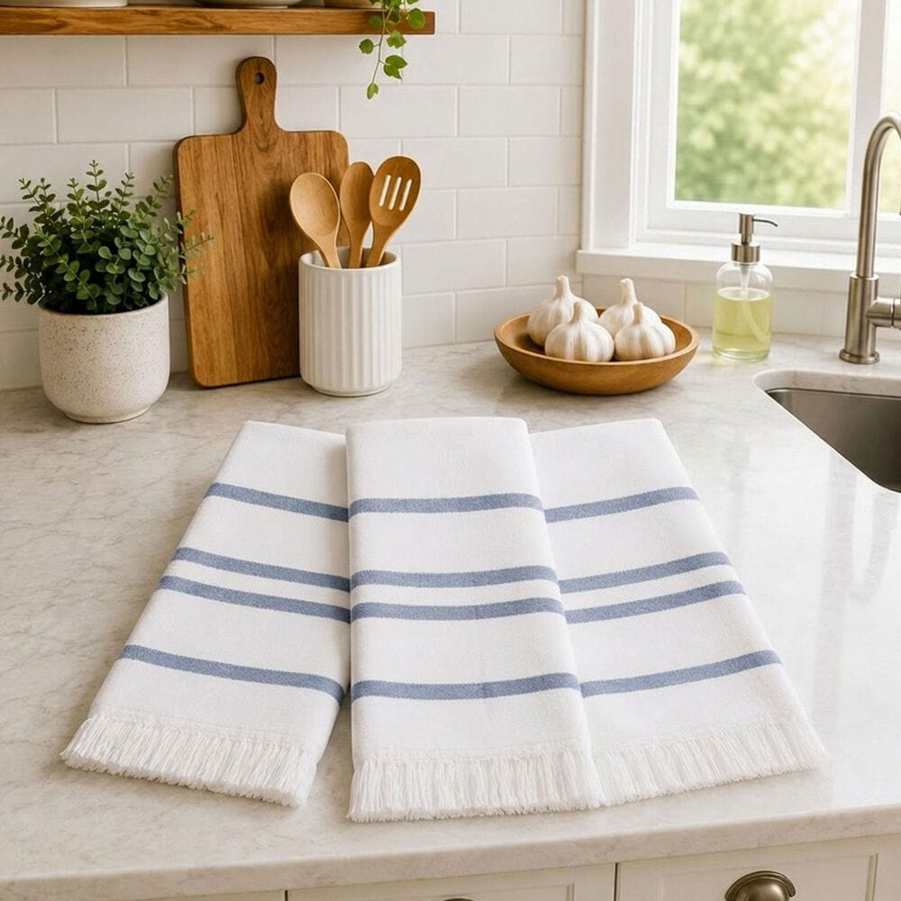 Willow &amp; Hem Nantucket Turkish Cotton Kitchen Towel in Blue and White (Set of 3), , large