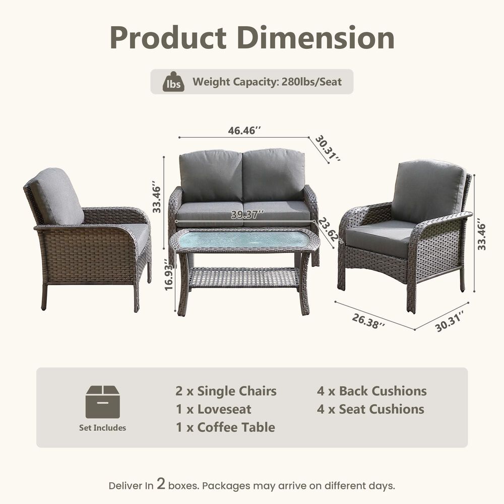 HOMLUX 4-Piece Patio Conversation Set with Grey Wicker in Dark Gray, , large