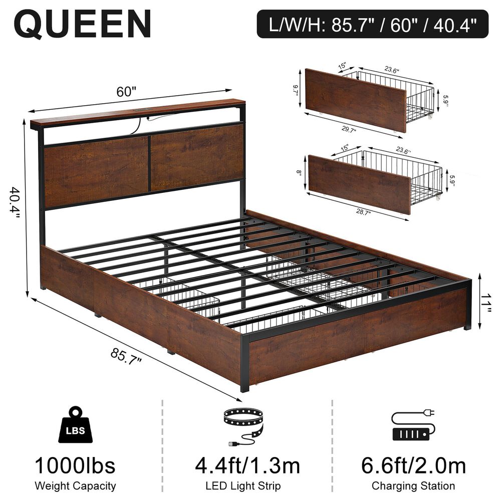 HOMLUX Queen 4-Drawer Storage Bed with LED Headboard and Charging Station in Rustic Brown, , large