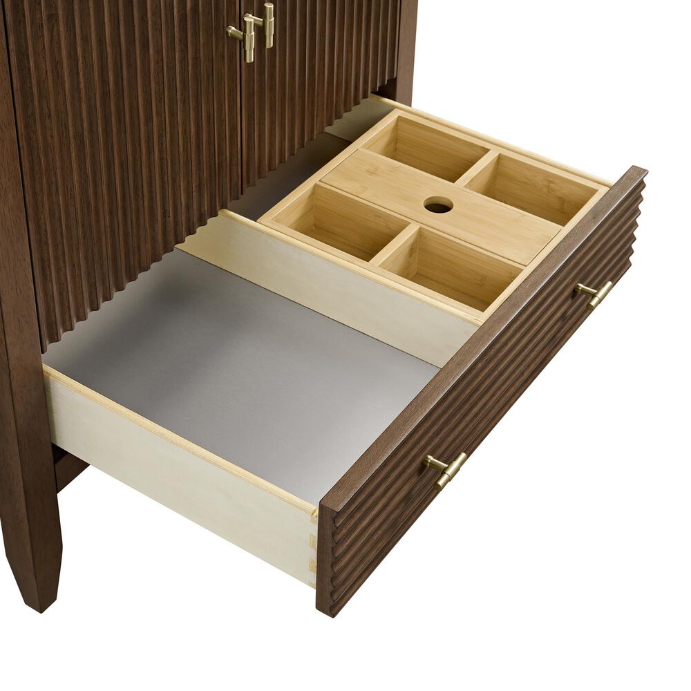 James Martin Myrrin 30" Single Bathroom Vanity in Mid-Century Walnut with 3 cm Carrara Marble Top and Rectangular Sink, , large