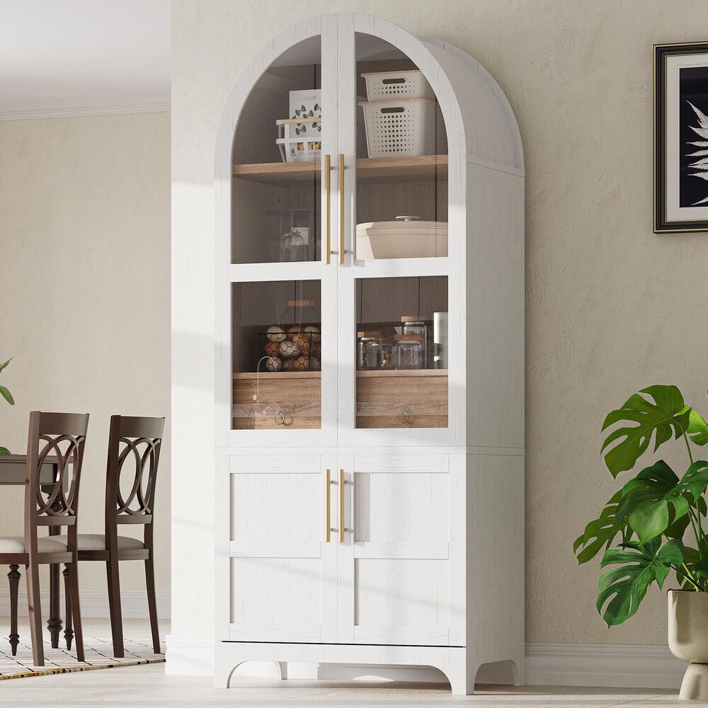 HOMLUX 71" Tall Arched Kitchen Pantry Cabinet with Door Shelves, Farmhouse Kitchen Storage Cabinet with Open &amp; Adjustable Shelves, Hidden Drawer &amp; Glass Door, Cupboard for Kitchen, Dining Room, White, , large