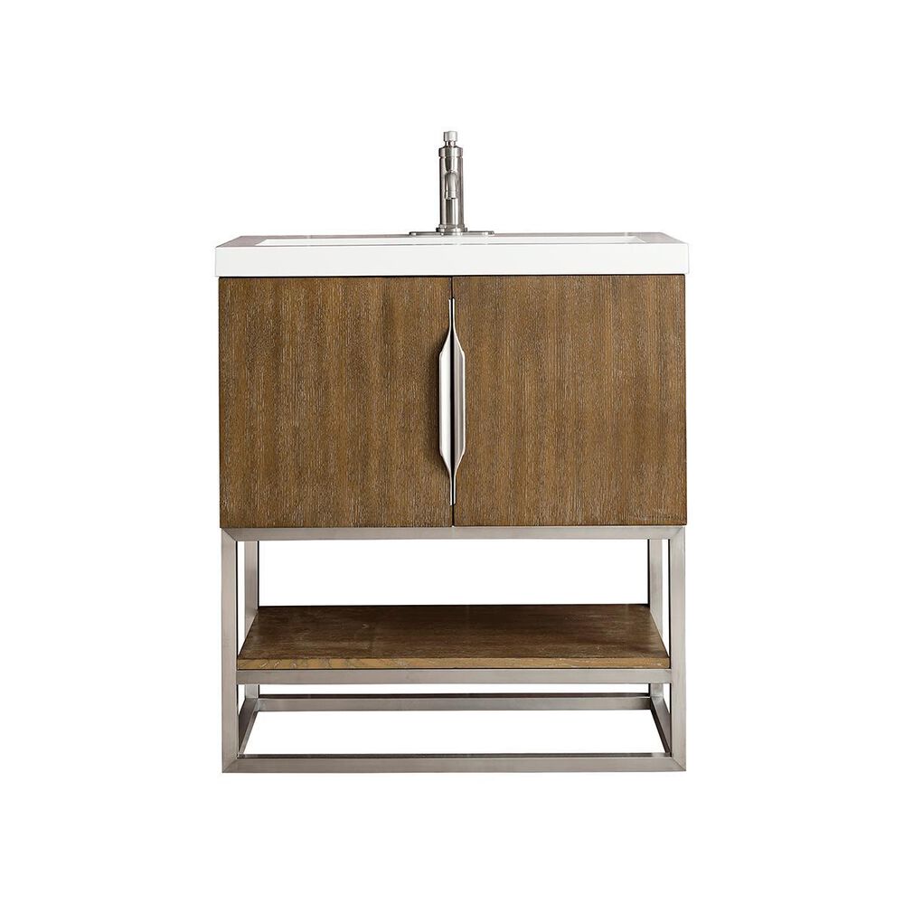 James Martin Columbia 31.5" Single Vanity Cabinet in Latte Oak, Brushed Nickel, with White Glossy Solid Surface Top, , large
