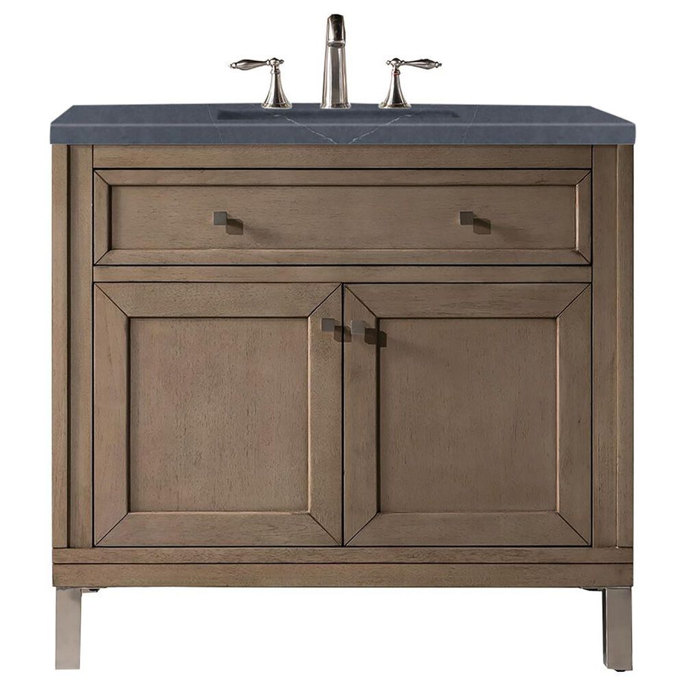 James Martin Vanities Chicago 36" Single Bathroom Vanity in Whitewashed Walnut with 3 cm Charcoal Soapstone Quartz Top and Rectangular Sink, , large