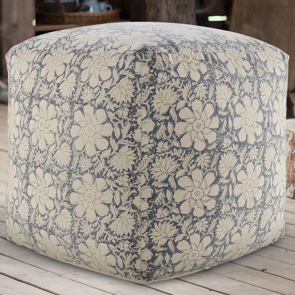 LR Home 20" Square Floral Pouf in Blue and Beige, , large