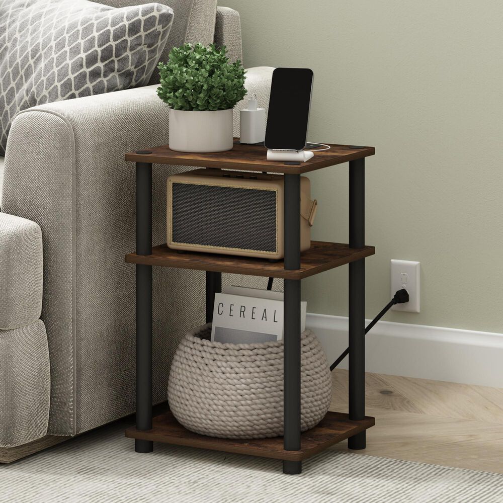 HOMLUX 3-Tier Turn-N-Tube End Table with 2 USB ports in Amber Pine and Black, , large