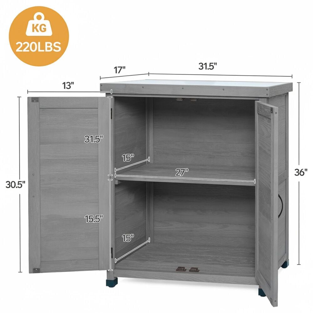 Hearth and Haven Outdoor Wooden Storage Cabinet with Metal Top and Adjustable Protective Footpad in Gray, , large