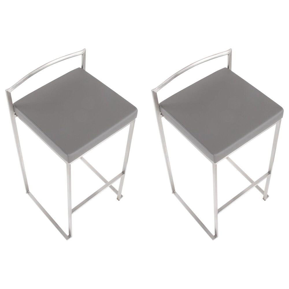 Lumisource Fuji Stackable Barstool with Grey Faux Leather Cushion in Stainless Steel (Set of 2), , large