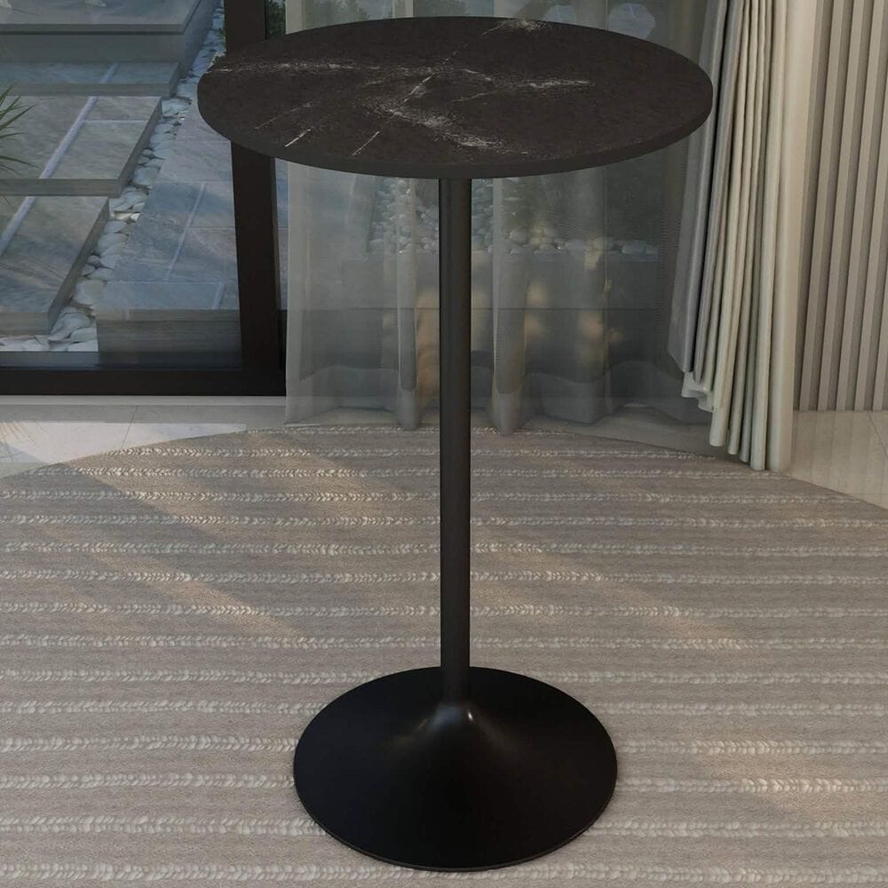 Leisuremod LeisureMod Verve Collection Modern Bar Height Table Black Base with 27 Round Black Marbleized MDF Top, , large