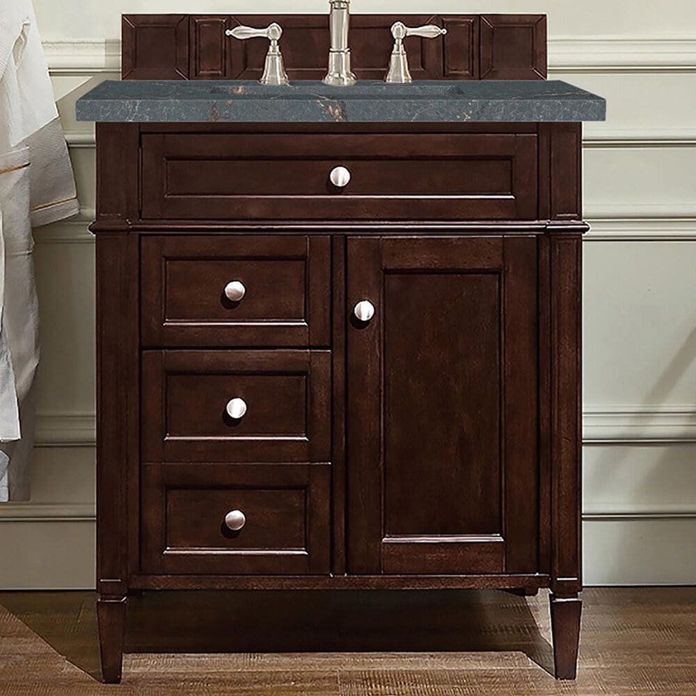 James Martin Vanities Brittany 30&quot; Single Bathroom Vanity in Burnished Mahogany with 3 cm Parisien Bleu Quartz Top and Rectangular Sink, , large