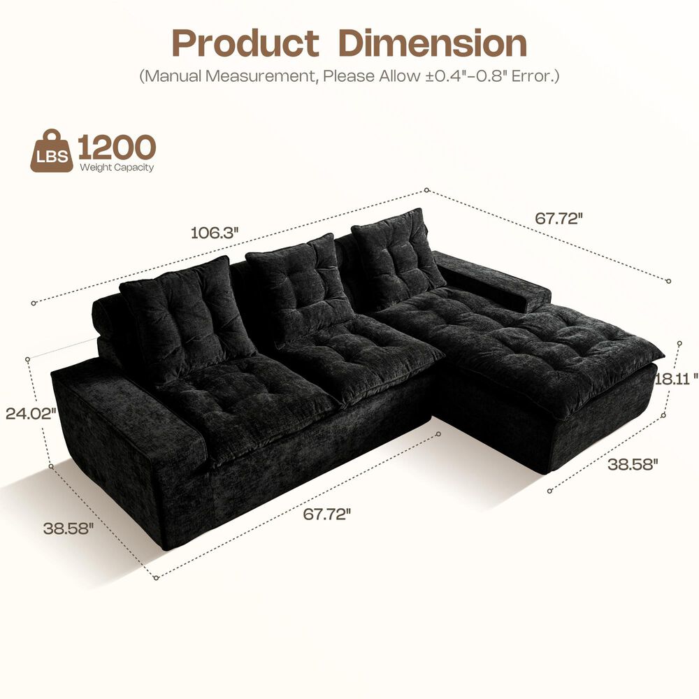 HOMLUX 2-Piece Right Facing Sectional with Chaise in Black, , large