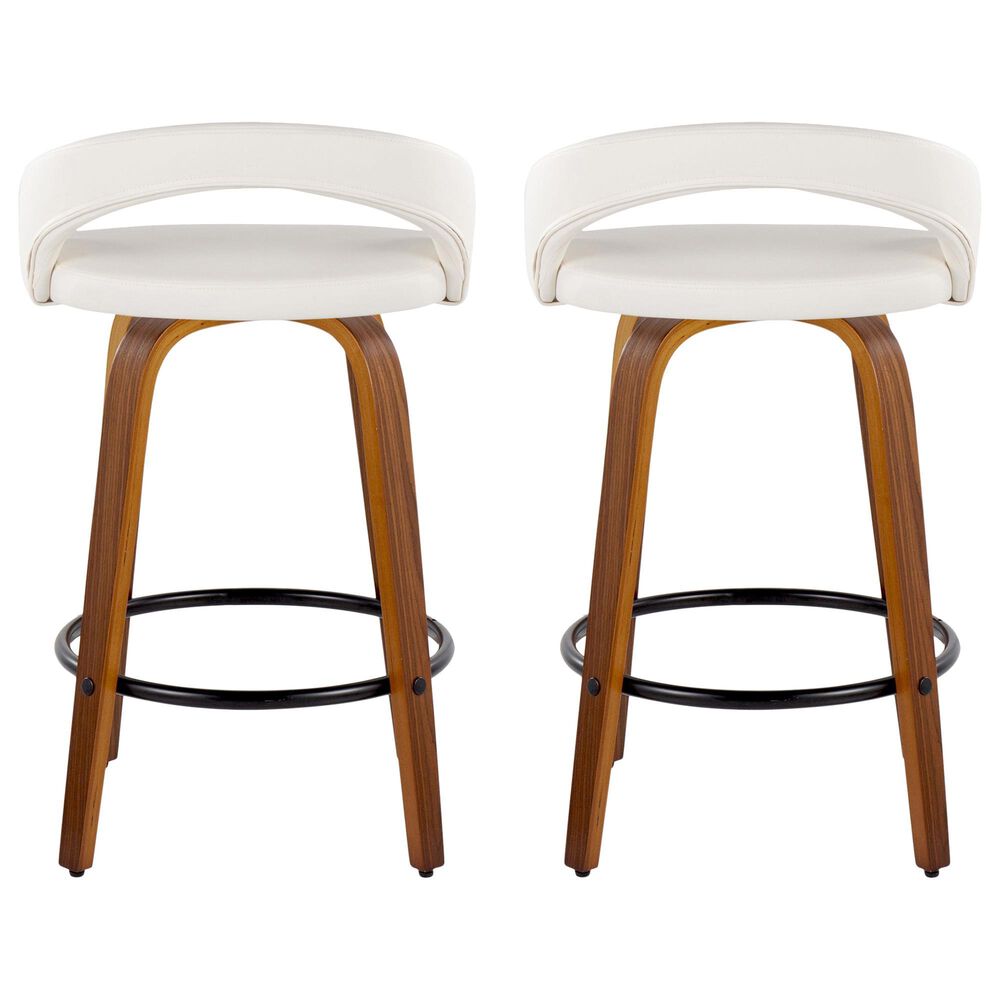 LumiSource Grotto Swivel Counter Stool with White Faux Leather Upholstery in Walnut Wood and Black (Set of 2), , large