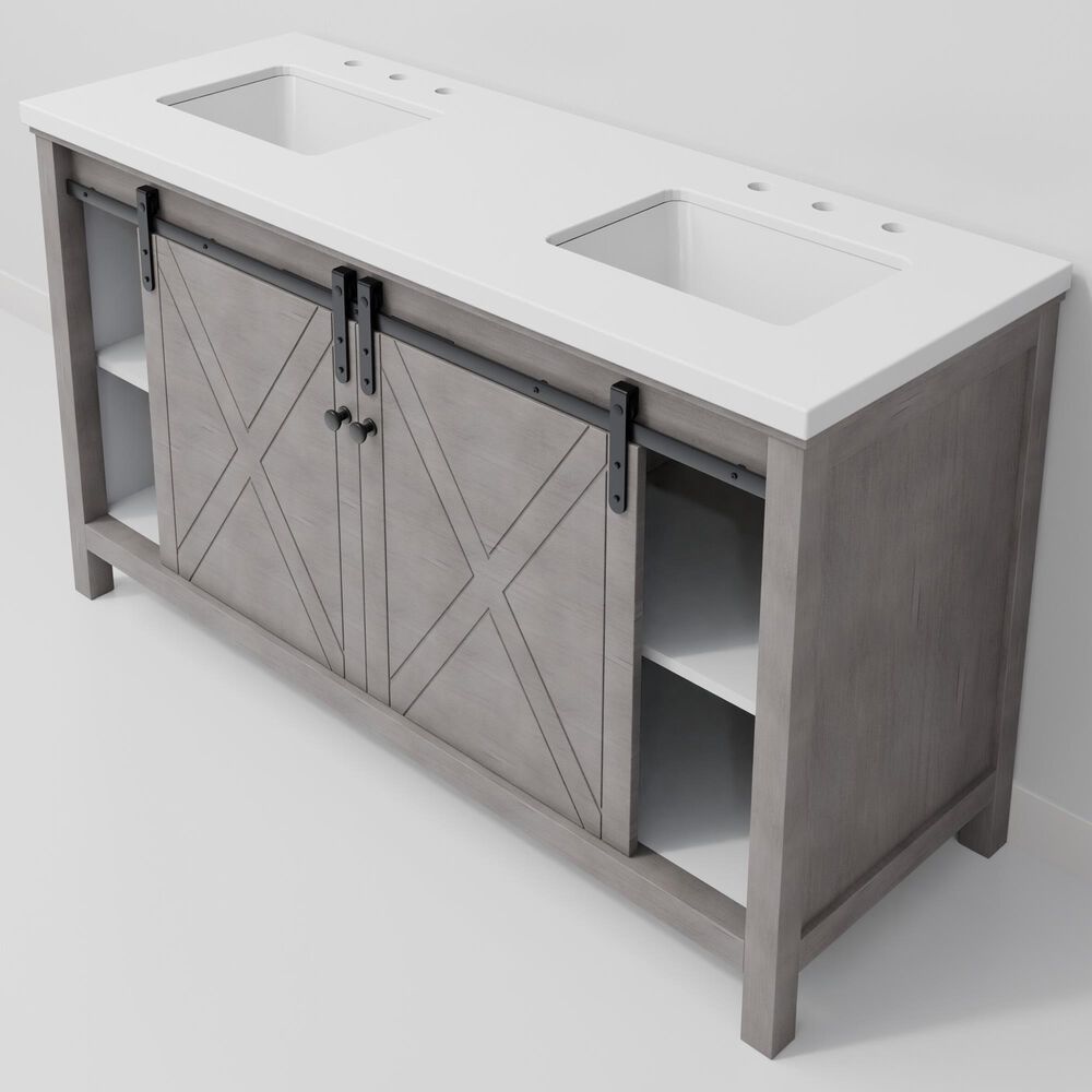 Lexora Home Marsyas 60&quot; Double Bathroom Vanity in Ash Grey with 2 cm White Cultured Marble Top and Rectangular Sinks, , large