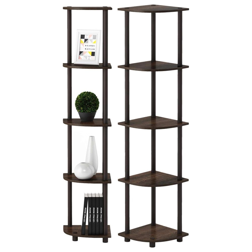 HOMLUX 5-Tier Multi-Purpose Corner Open Bookshelf in Walnut and Brown (Set of 2), , large