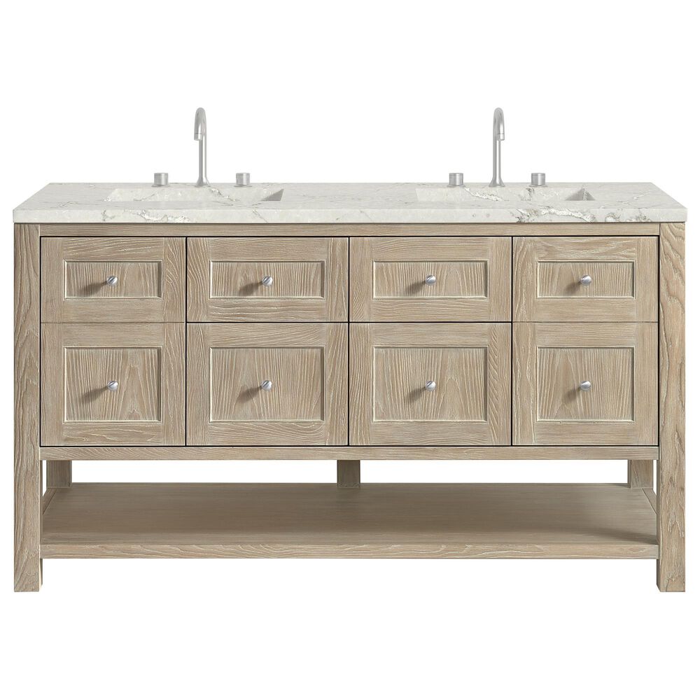 James Martin Vanities Breckenridge 60" Double Bathroom Vanity in Whitewashed Oak with 3 cm Eternal Jasmine Pearl Silestone Top, Rectangular Sinks and FreePower Wireless Charger, , large