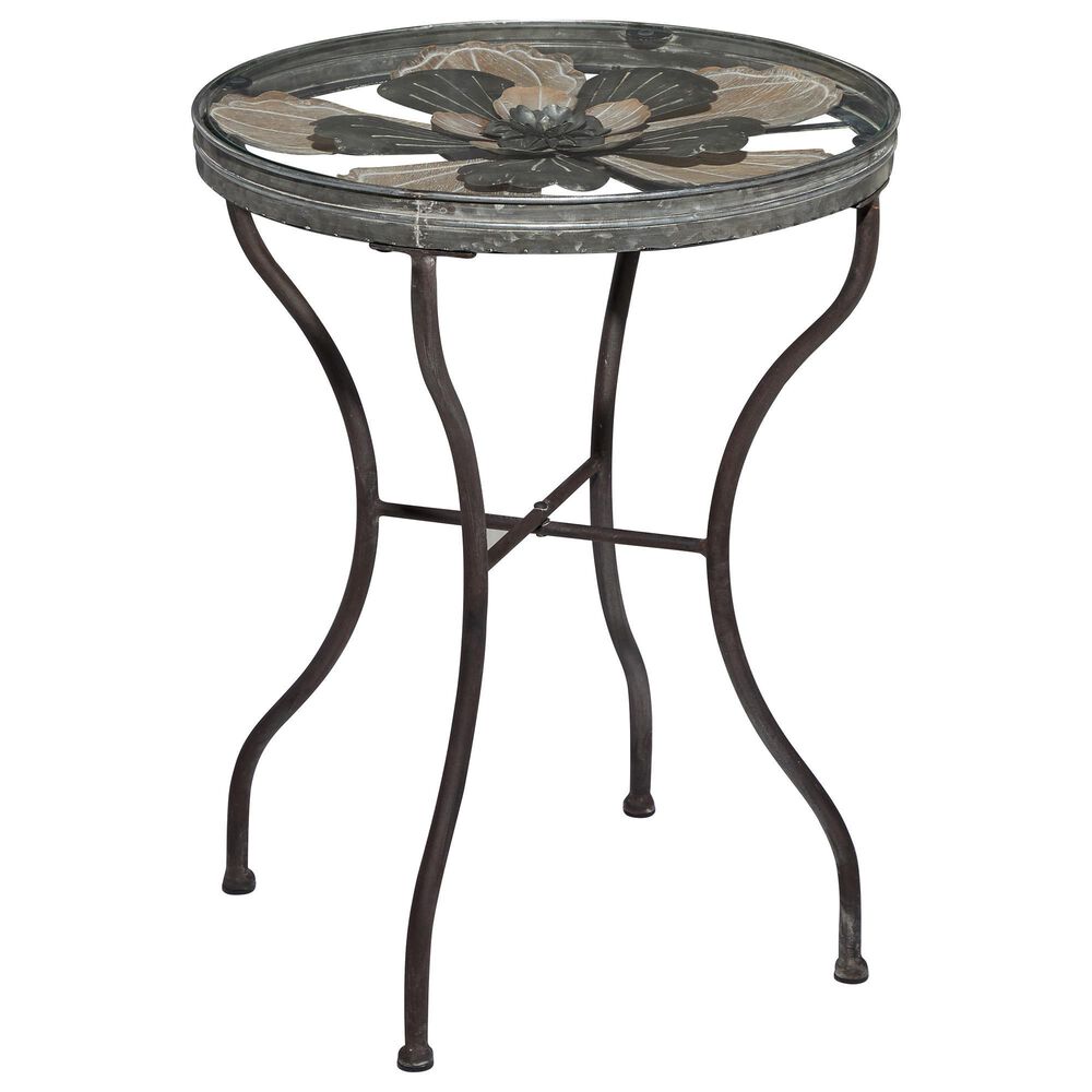 Uma Enterprises Farmhouse Metal Accent Table in Silver Flower, , large