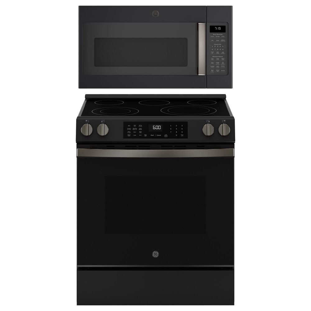 GE Appliances 2-Piece Kitchen Packages with 30" Slide-In Electric Range and 1.9 Cu. Ft. Over-the-Range Microwave Oven in Fingerprint Resistant Black Slate, , large