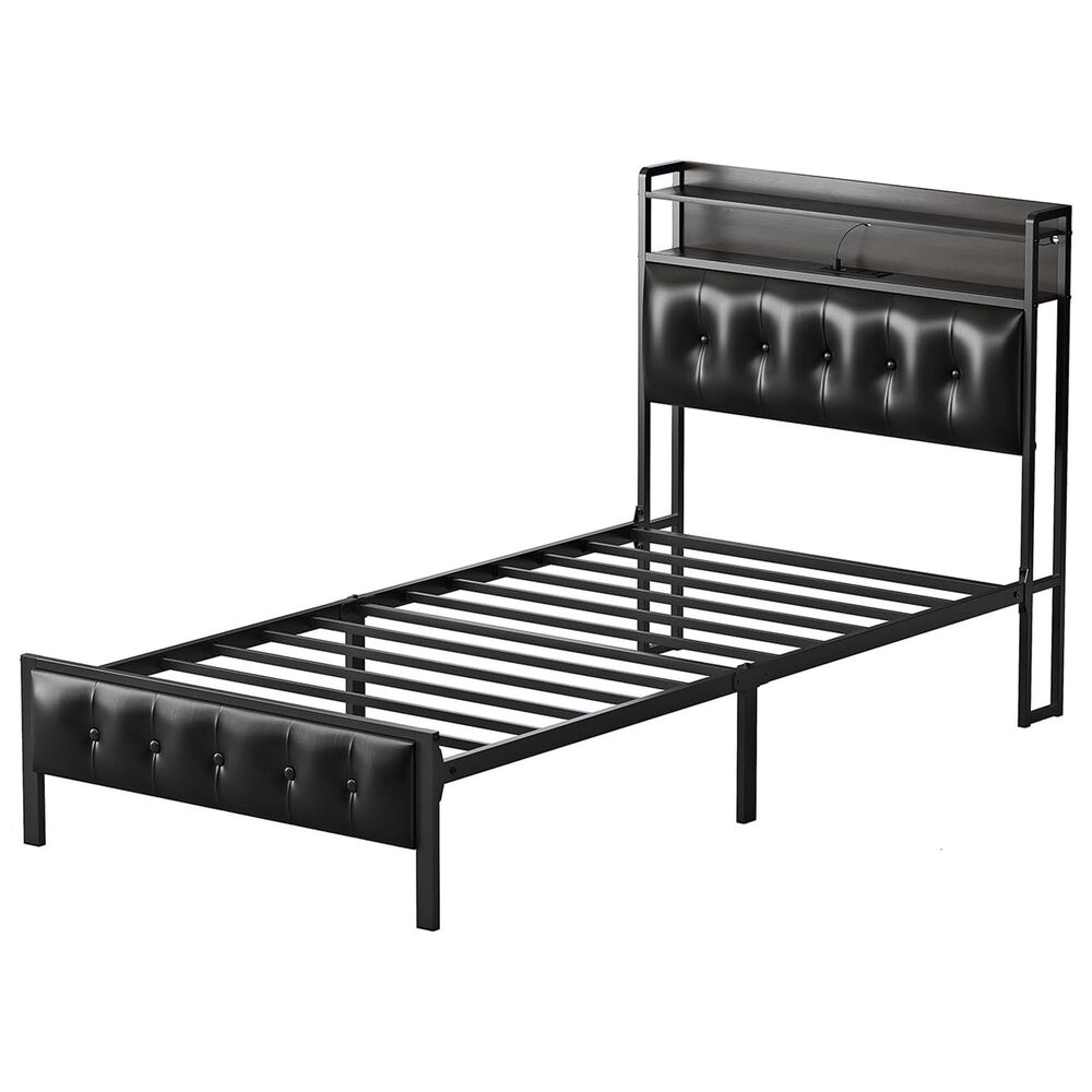HOMLUX Twin Upholstered Bookcase Bed with LED Headboard with Charging Station in Black, , large