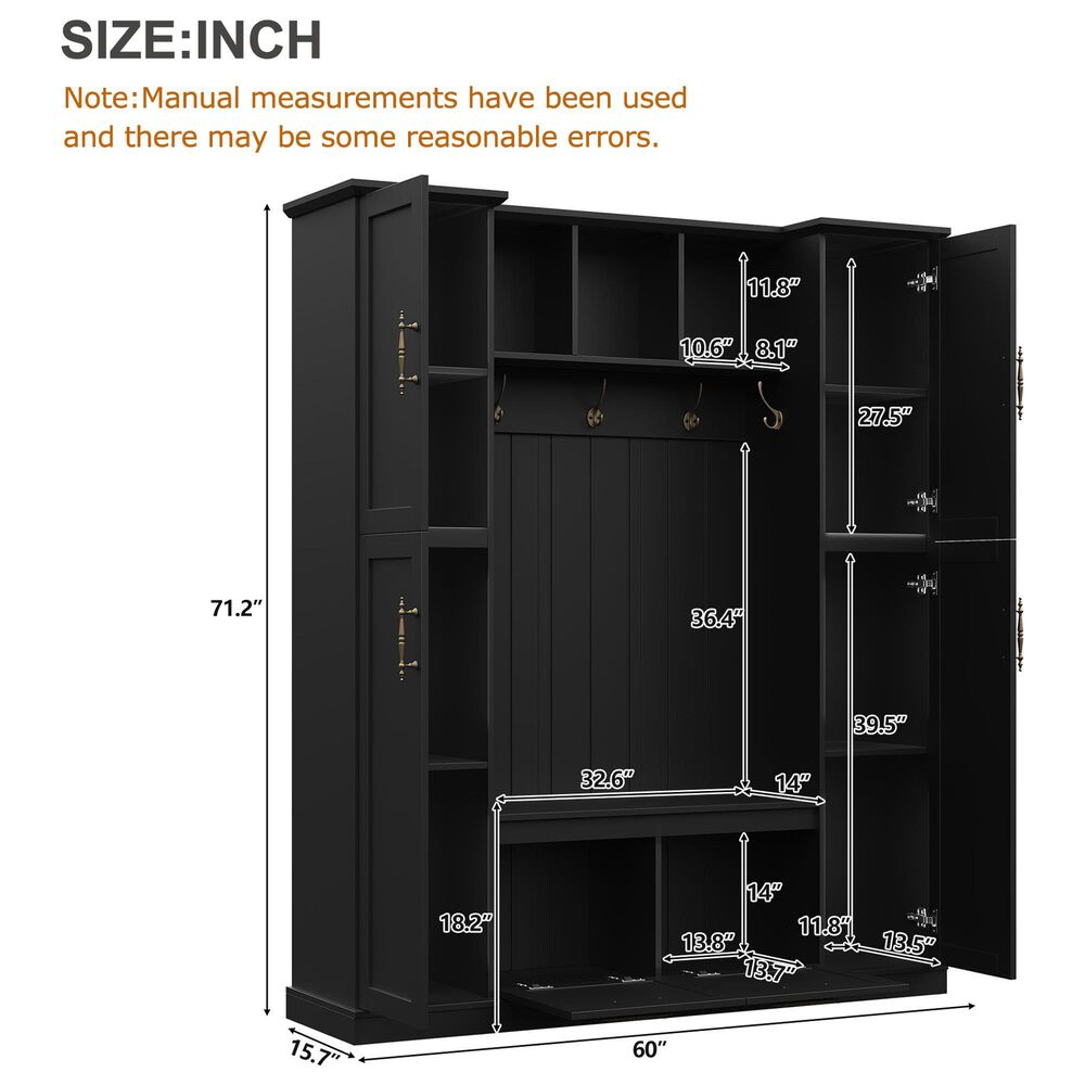 HOMLUX 5-Hook Hall Tree with 4 Side Cabinets and Storage Bench in Black, , large
