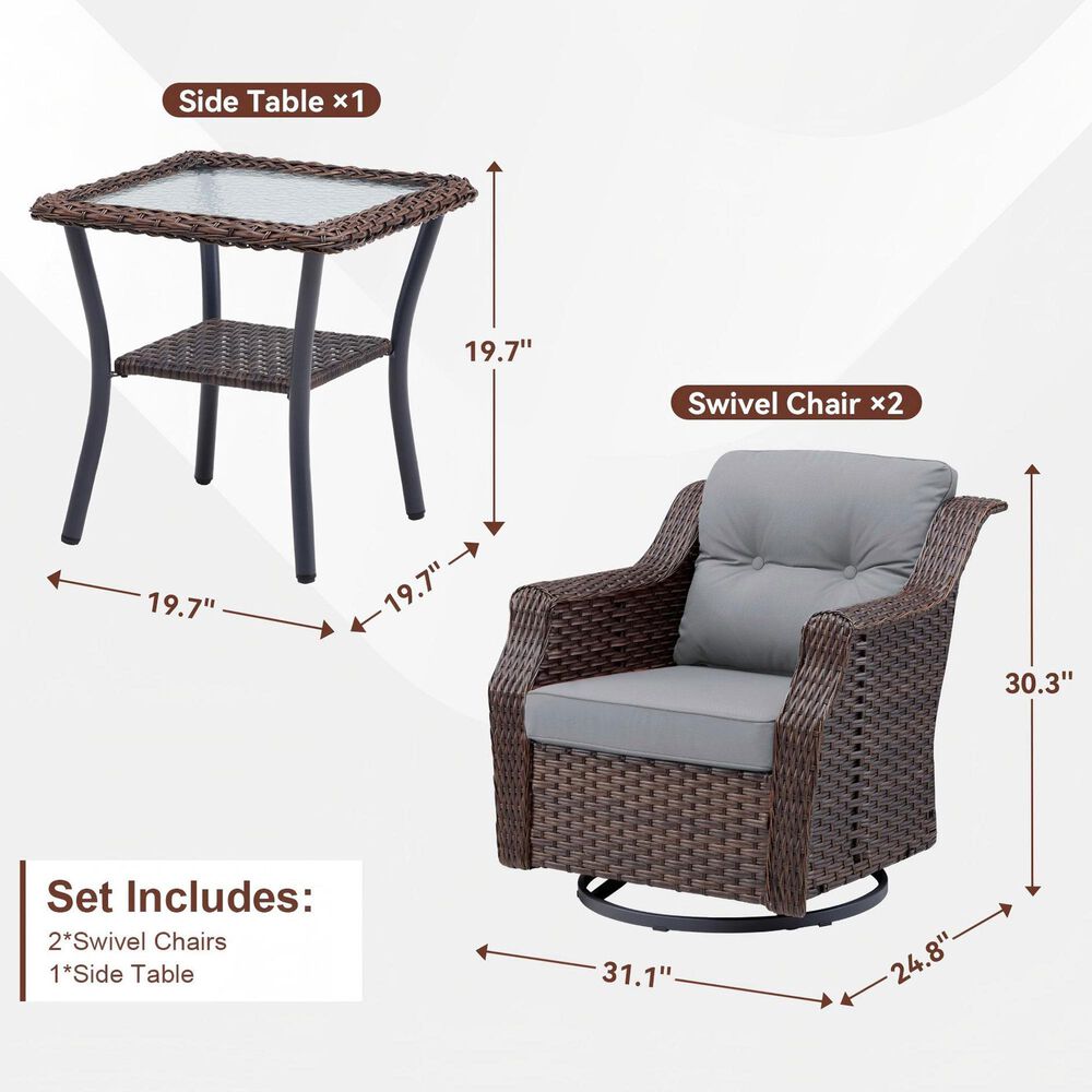 Sunwell Garden 3-Piece Patio Swivel Glider Set with 19.7" Side Table in Gray, , large